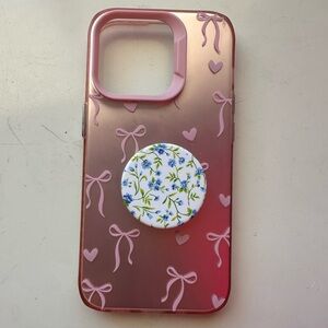 Pink Bow iPhone 14 Pro Phone Case with Popsocket